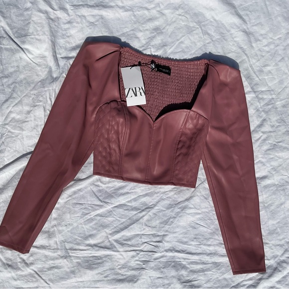 NWT Zara Faux Leather Crop Top dusty pink Size XS Puffy Sleeves chic fall vibes - Picture 3 of 9